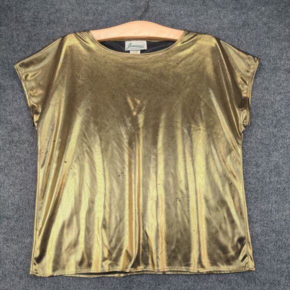 Vintage Joanna Metallic Gold Blouse Womens Size Small Short Sleeve Shiny - Picture 2 of 12